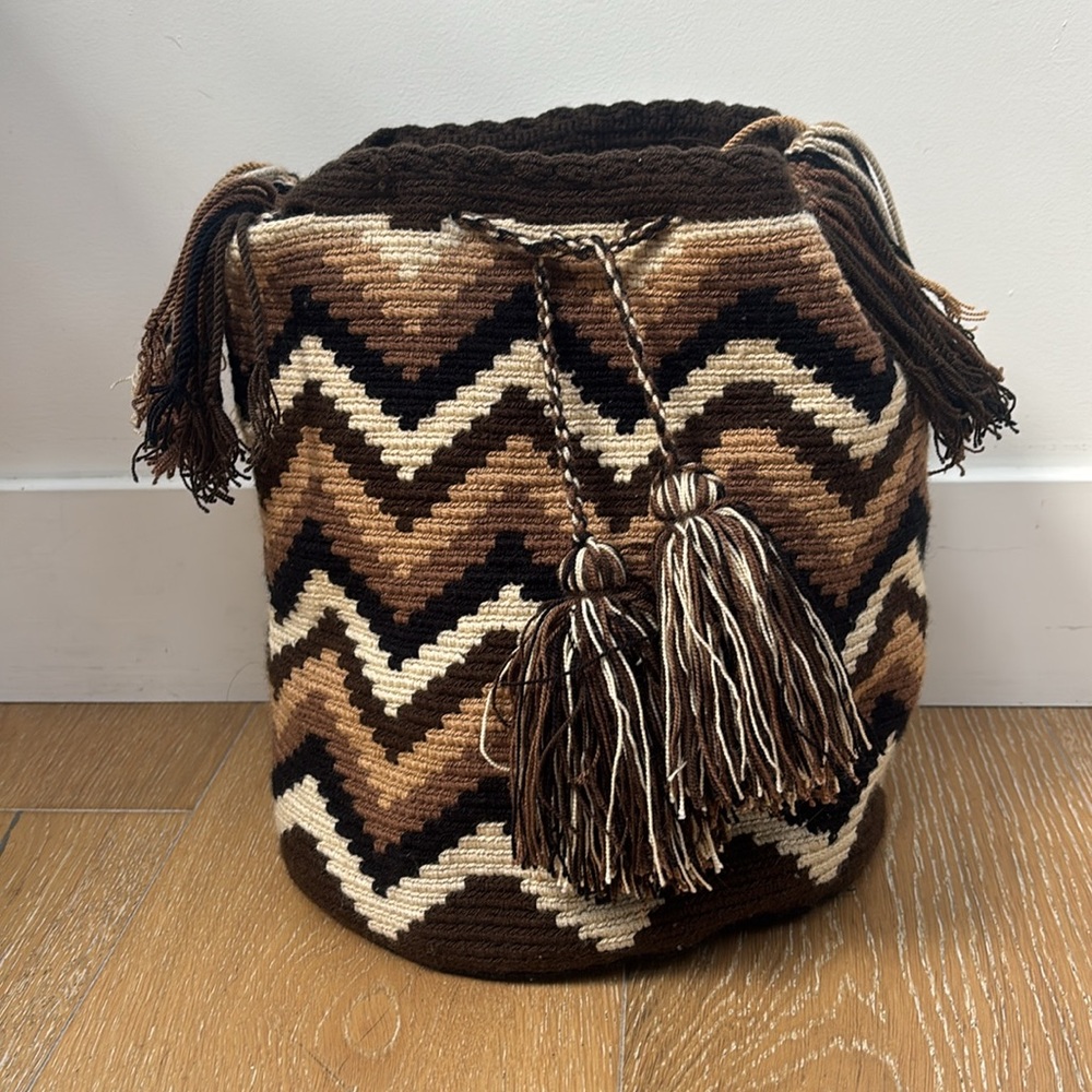 Brown and Black Patterned Mochila Bag